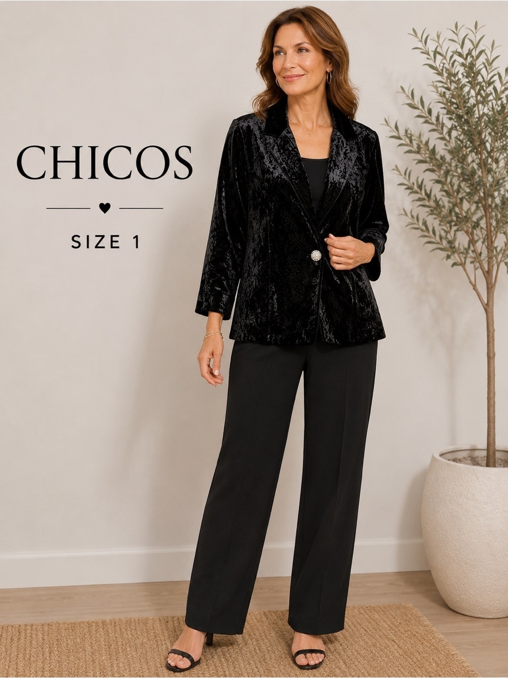 Chico's Black Velvet Blazer with Notched Lapel/size 1